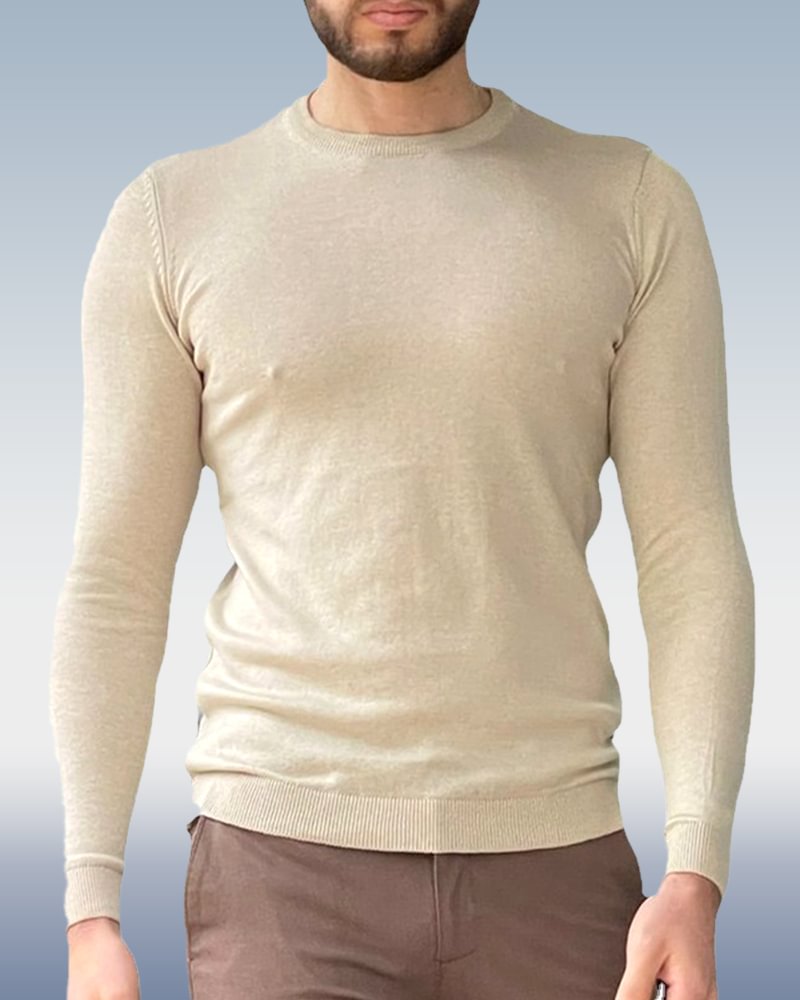 Men's Khaki Crew Neck Thin Knit Sweater