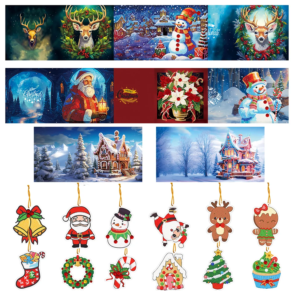 8PCS Elk Special Shape Diamond Art Greeting Cards Santa Gift for Christmas(Christmas x 8 + hanging decorations x 12)