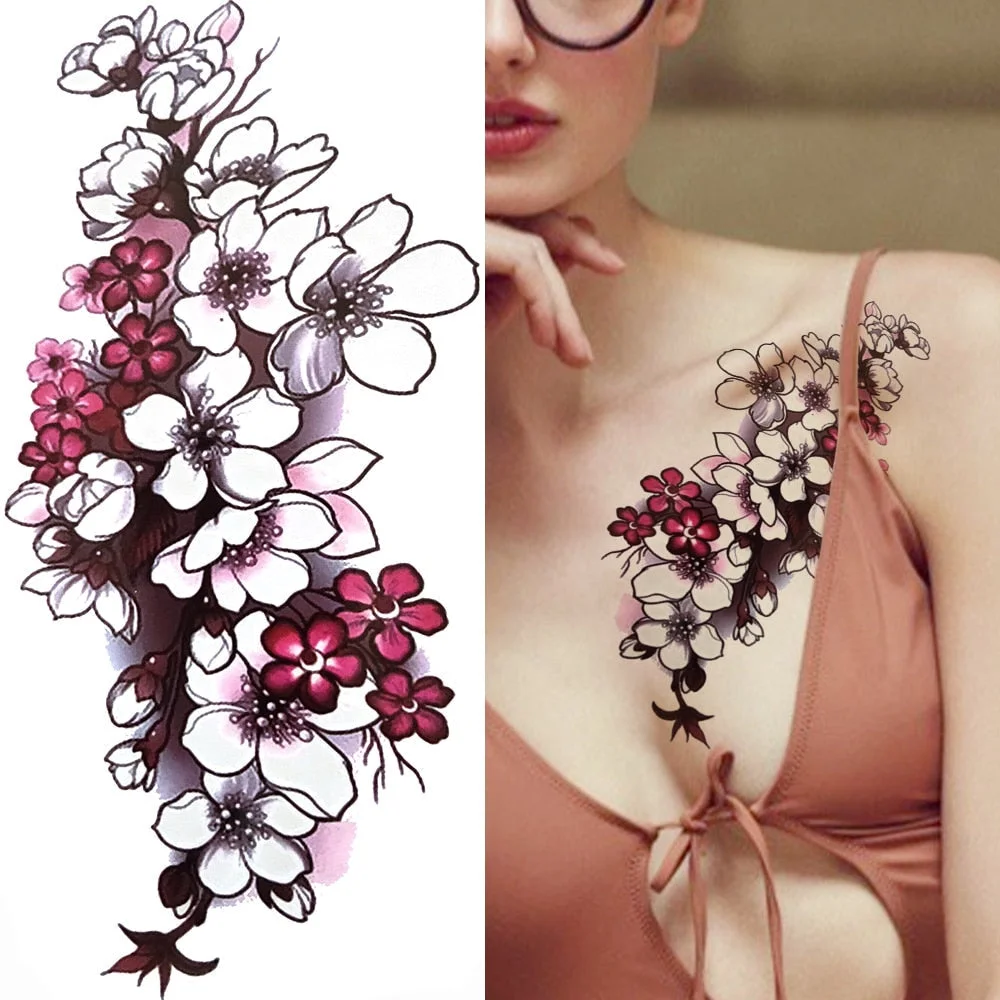 Dragon with Red Rose Tattoo Sticker Realistic Fox Snake Sword Geometric Temporary Tattoo For Women Fake Chains Black Tatoo 515-1