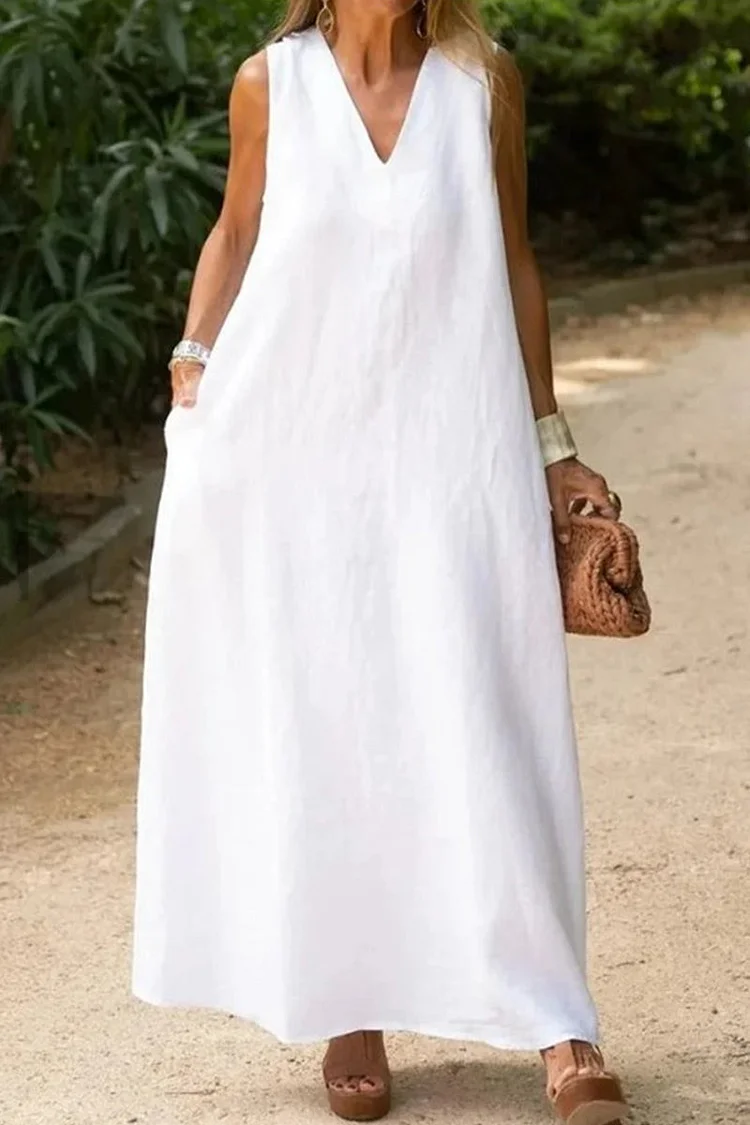 White Casual Simplicity Solid Pocket V Neck Vest Dress Dresses