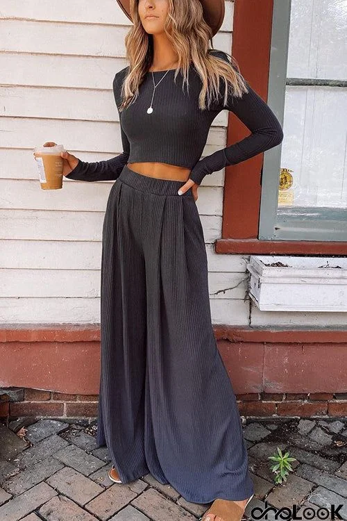 Solid Crop Wide Leg Pants Set