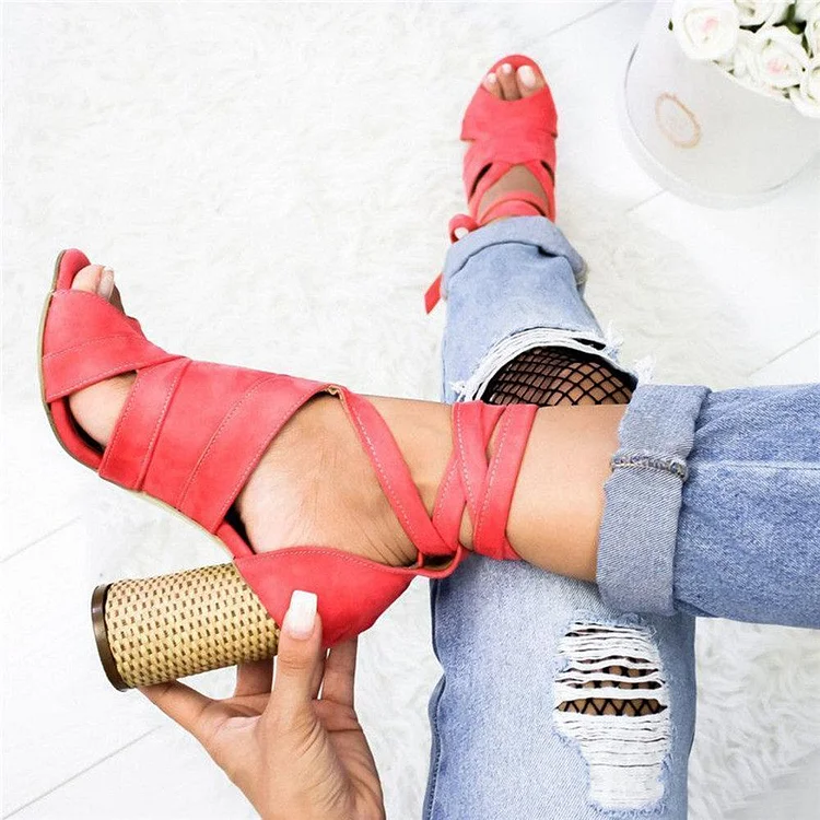 Casual Solid Color Lace Up High Heel Sandals | 168DEAL