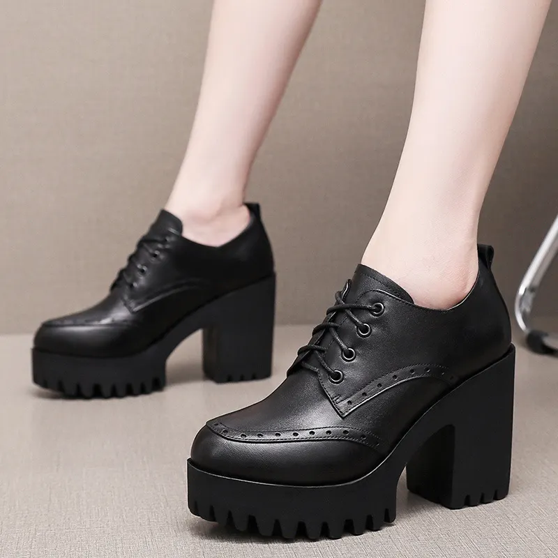 Breakj Breakj Brown Bullock Women's Shoes With English Carved Small Leather Shoes Thick Heel High Heel Waterproof Table Round Head Deep Mouth Single Shoe