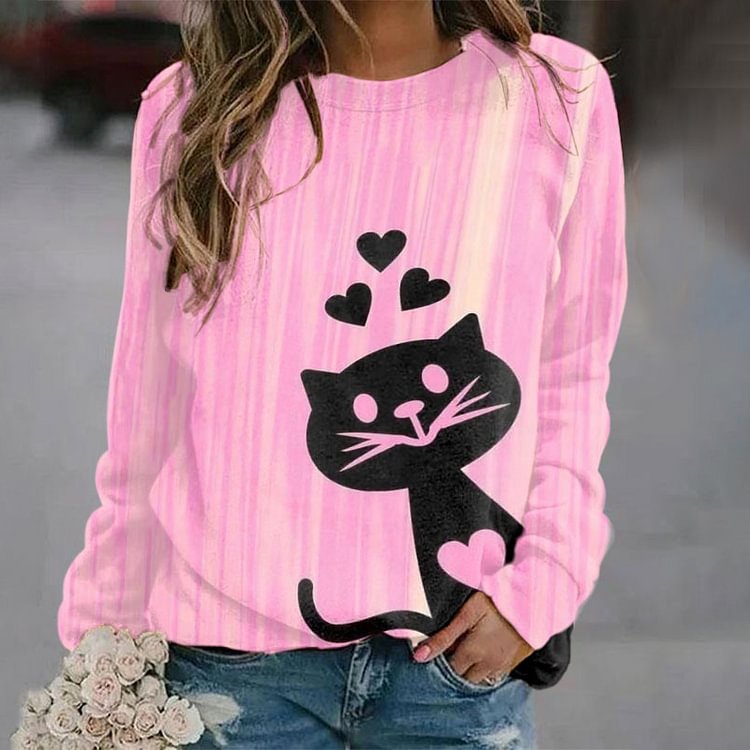Comstylish Casual Cat Love Print Long Sleeve Sweatshirt