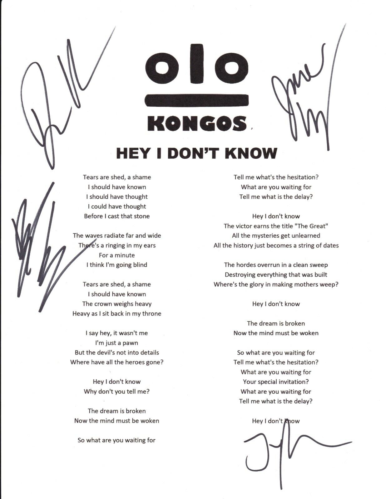 Kongos band REAL hand SIGNED Hey I Don't Know Lyric Sheet #2 COA Autographed