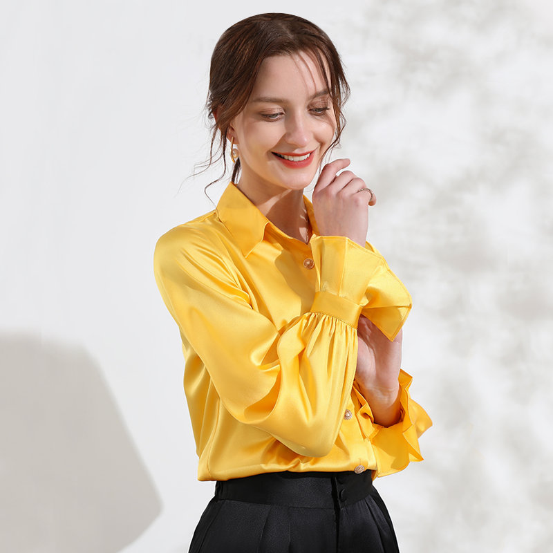 Yellow Ruffled Cuffs Silk Shirt