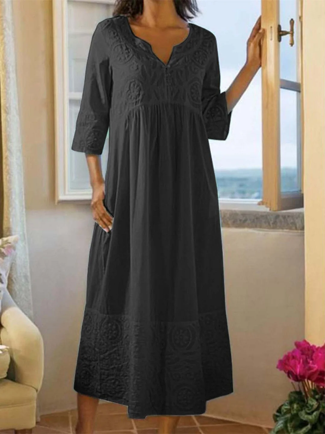 Women 3/4 Sleeve V-neck Lace Floral Printed Maxi Dress