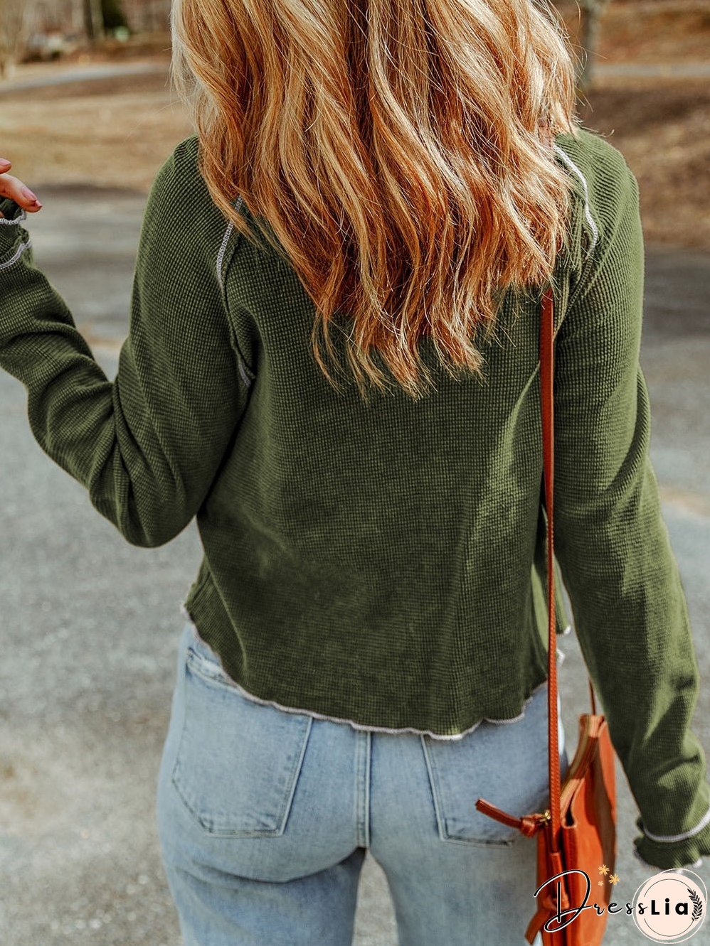 Green Waffle Knit Shift Top with Round Neck and Long Sleeves