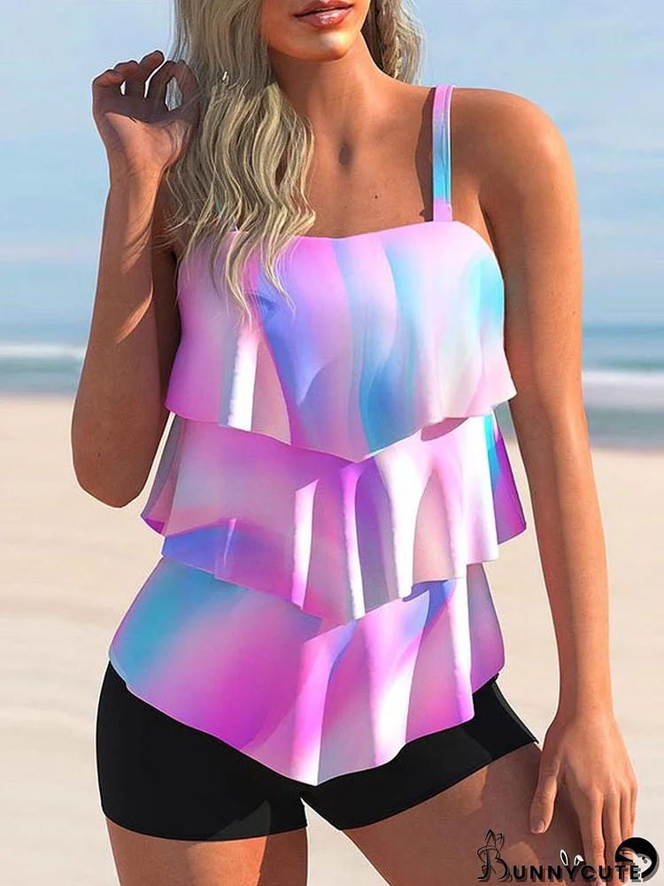 Women Strap Solid Gradient Layered Print Tankini Set