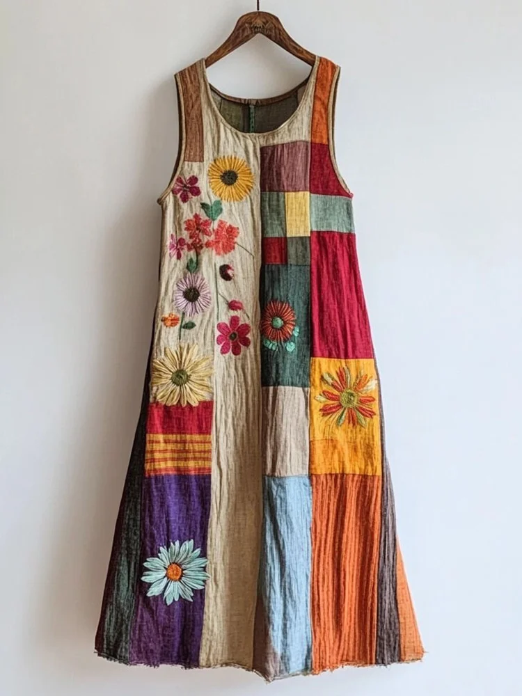 Utbros Colorful Patchwork Floral Embroidered Linen Blend Dress