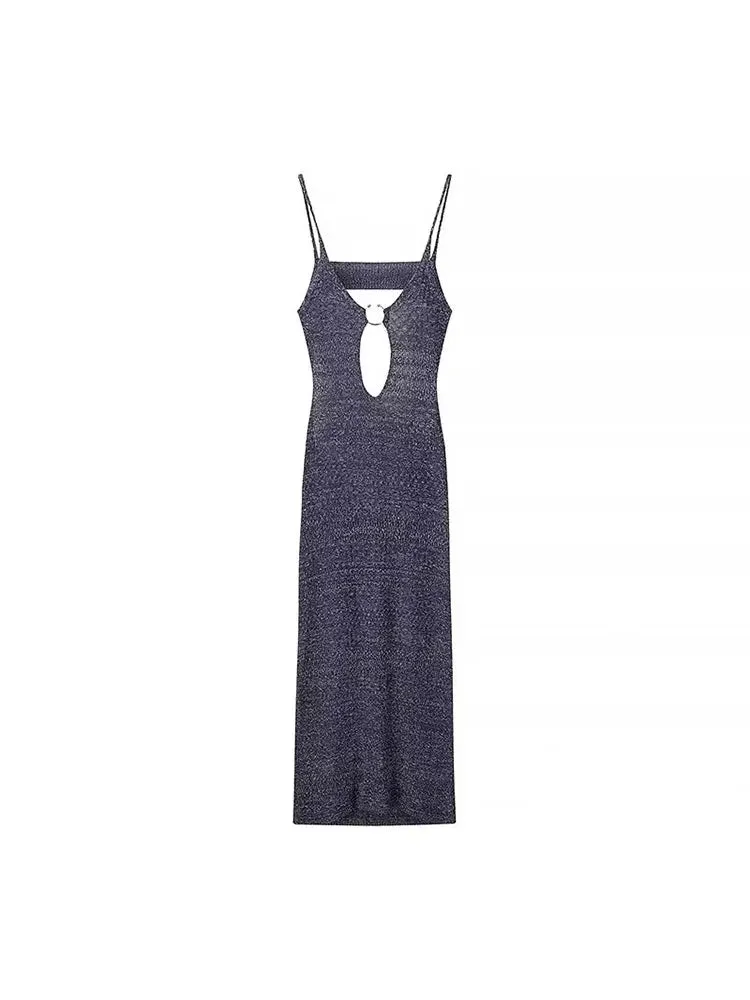 Toloer Blue Knit Cut Out Strappy Hook Midi Dress-Outfit Ideas