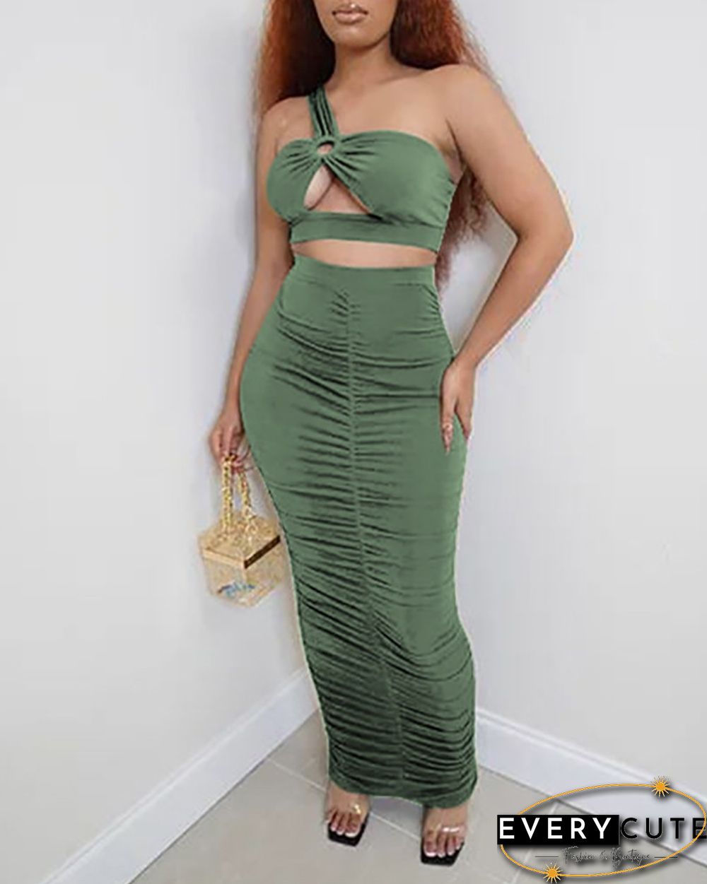 One Shoulder O-Ring Crop Top & Ruched Maxi Skirt Set