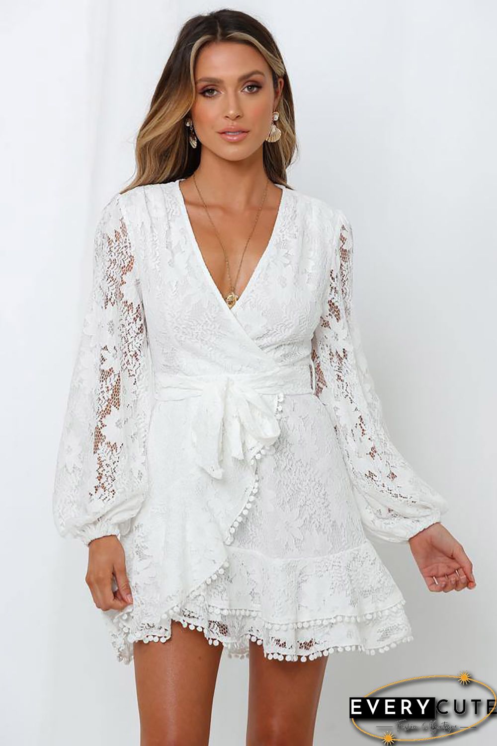 White Wrap V Neck Lace Bubble Sleeve Mini Dress