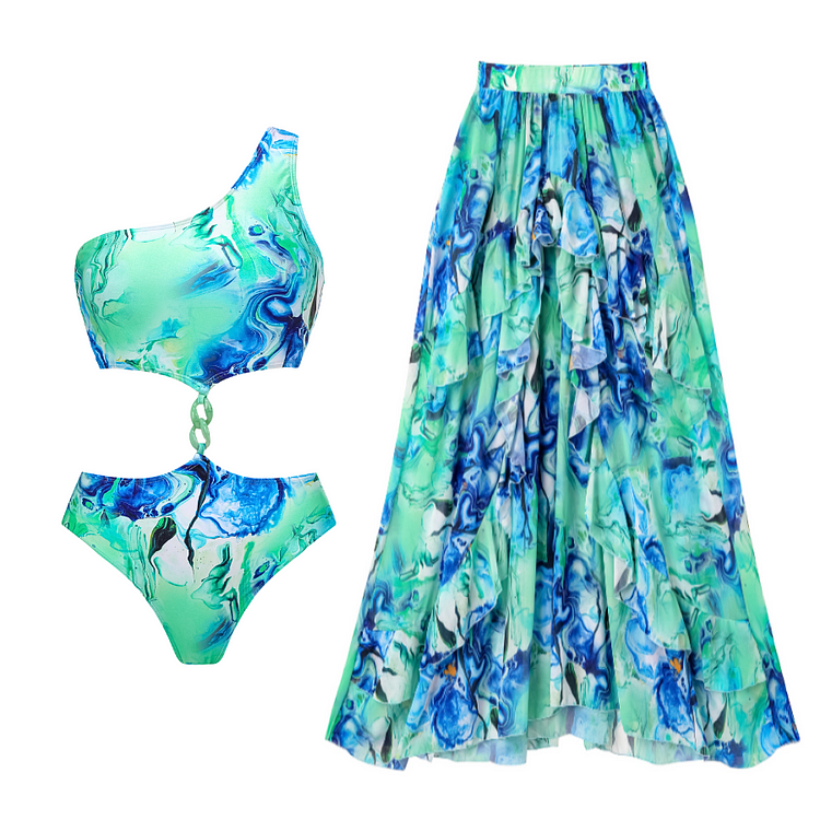 Blue Green Fantasy Floral print Acrylic Chain One Piece Swimsuit and skirt Flaxmaker (Shipped on Sep 15th)