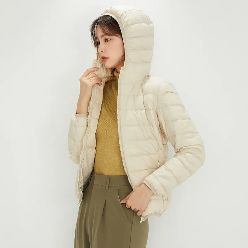 Uveng 2024 New Down Jacket Female Light Short Hooded Korean Version Large Size Slim Warm White Duck Down Pure Color Coat Tide