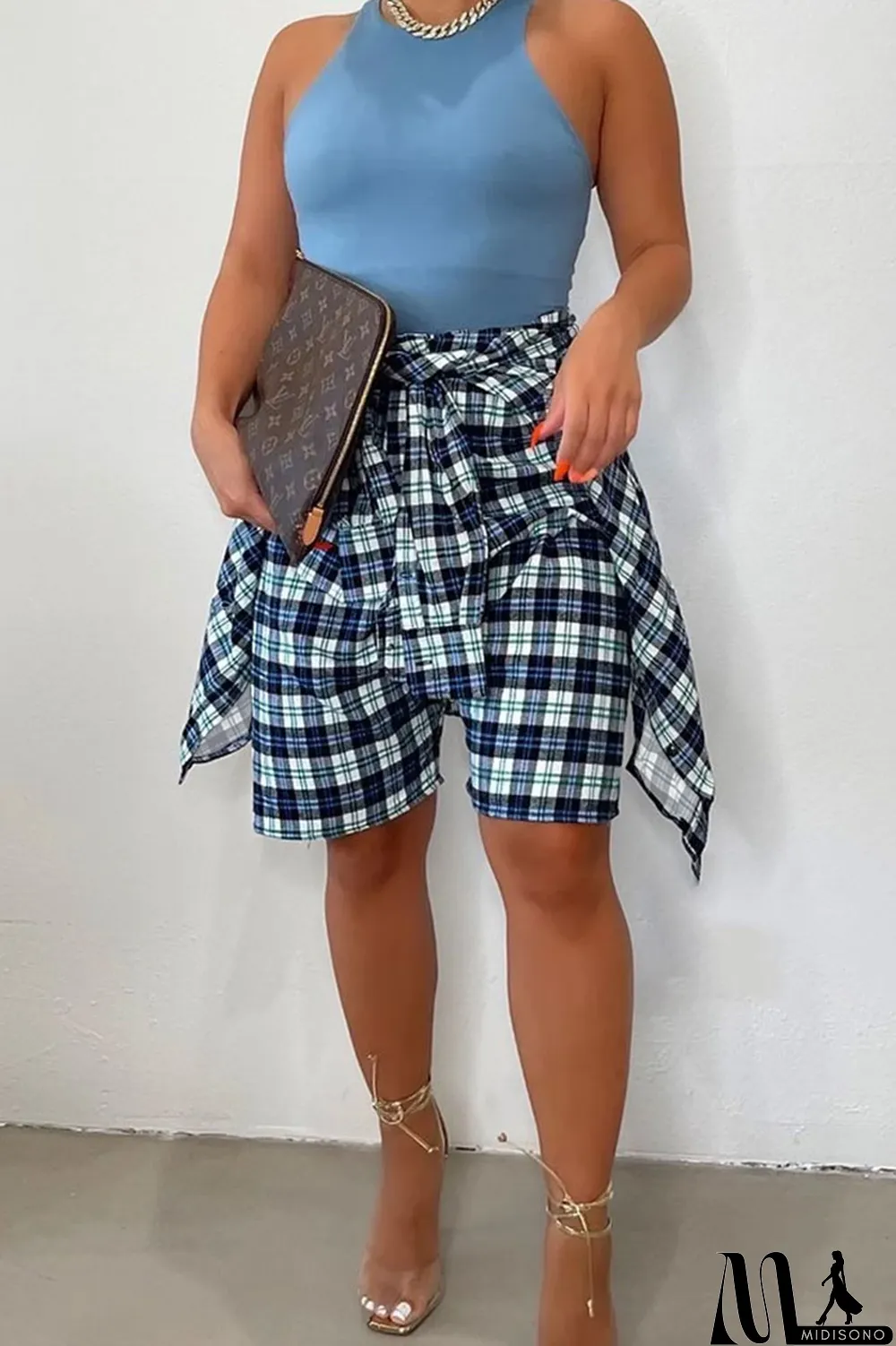 MidiSono - Turquoise Casual Street Plaid Print Bandage Split Joint High Waist Straight Full Print Bottoms