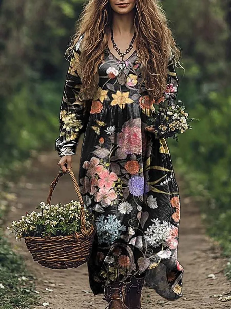 Women's Vintage Floral Art Print Pocket Cotton V Neck Long Sleeve Dress