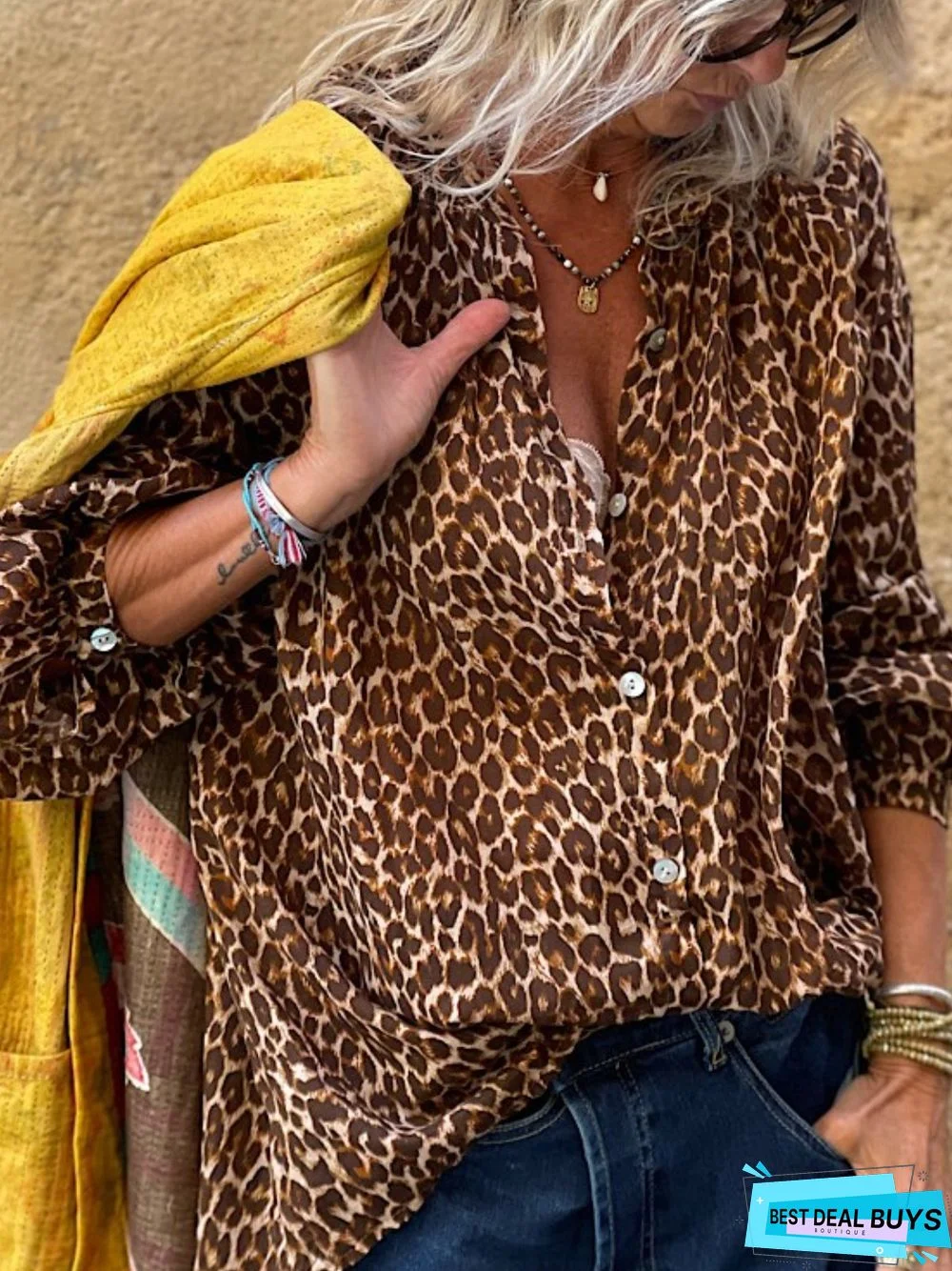 Casual Leopard Long Sleeve Shirt Collar Printed Top Blouse
