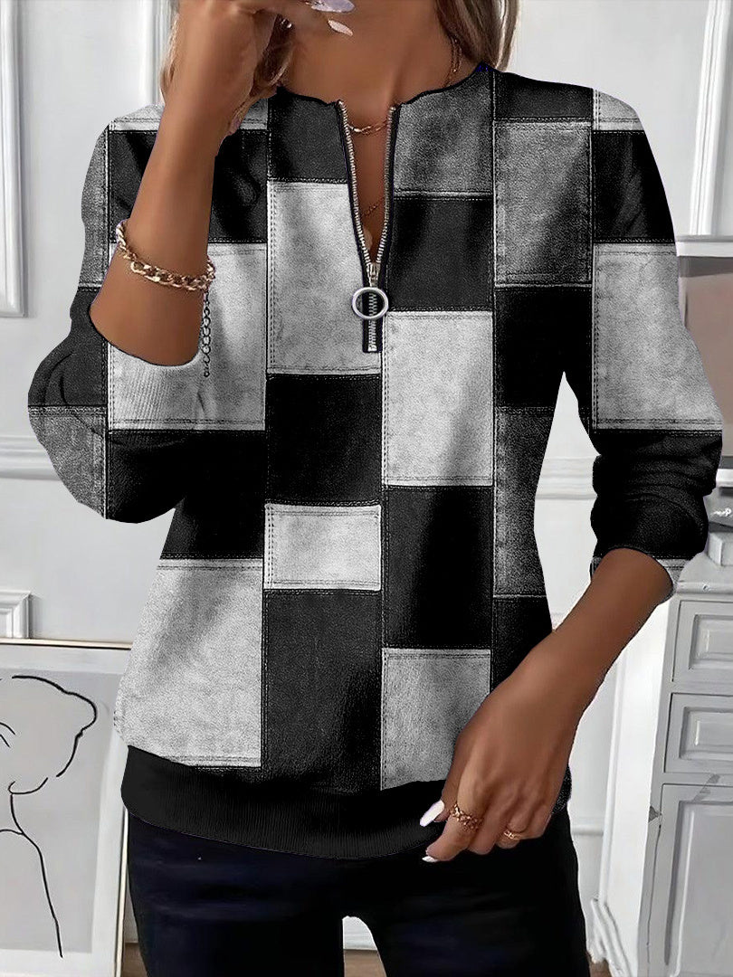 Women Long Sleeve Scoop Neck Plaid Colorblock Printed Graphic Zipper Tops