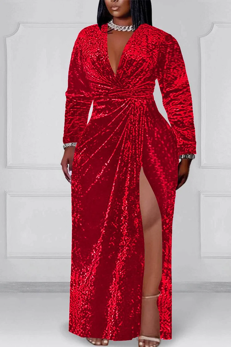 Plus Size Formal Dress Red V-Neck Long Sleeve Split Velvet Maxi Dress 