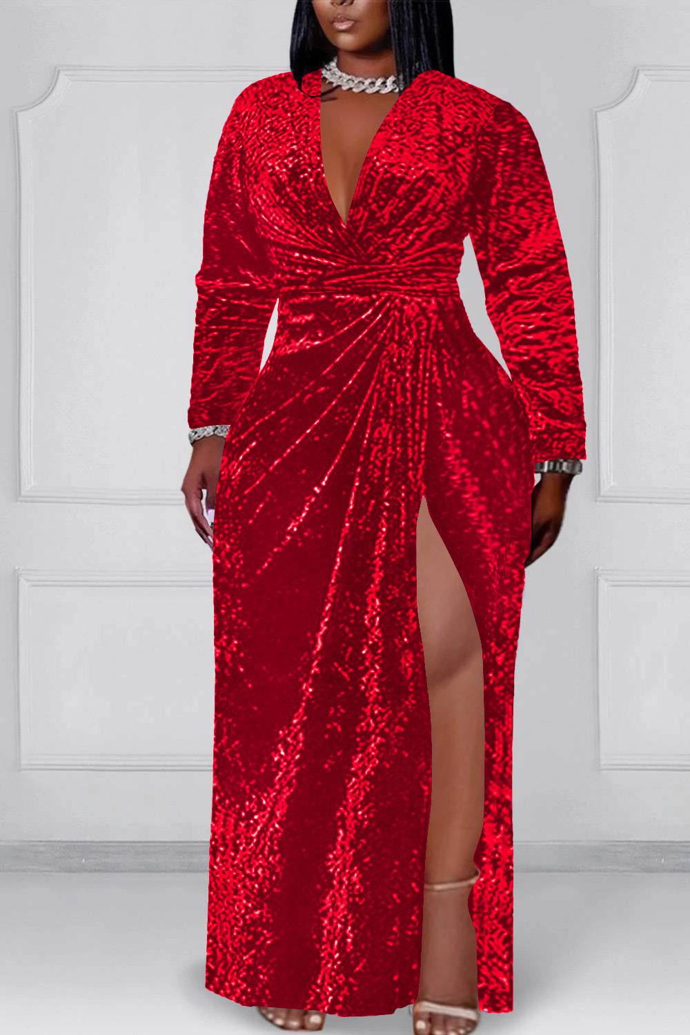 Plus Size Formal Dress Red V-Neck Long Sleeve Split Velvet Maxi Dress