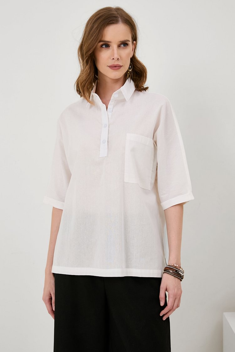 Cotton And Linen Classic Collar Short Sleeve Shirt