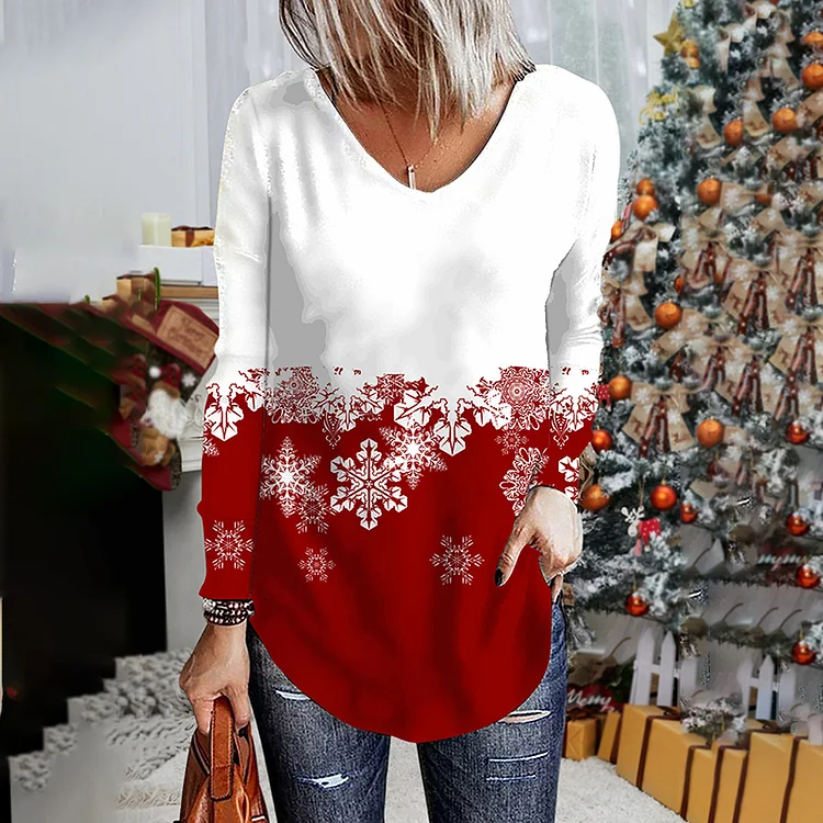Wearshes Christmas Print V-Neck Casual T-Shirt