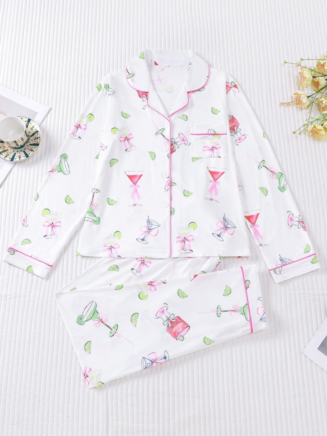 Women's Casual Pajama Set, Long Sleeve Button Front Shirt & Elastic Pants, Comfortable All-Season Sleepwear, Fashion Home Wear Loungewear
