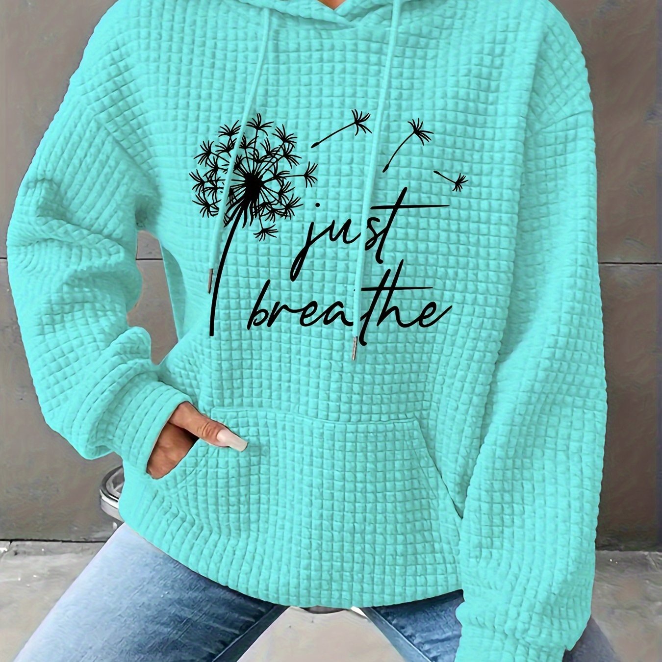 Women’s Elegant Dandelion Floral Hooded Sweatshirt – 3D Houndstooth Texture, Long Sleeve Pullover with Pockets