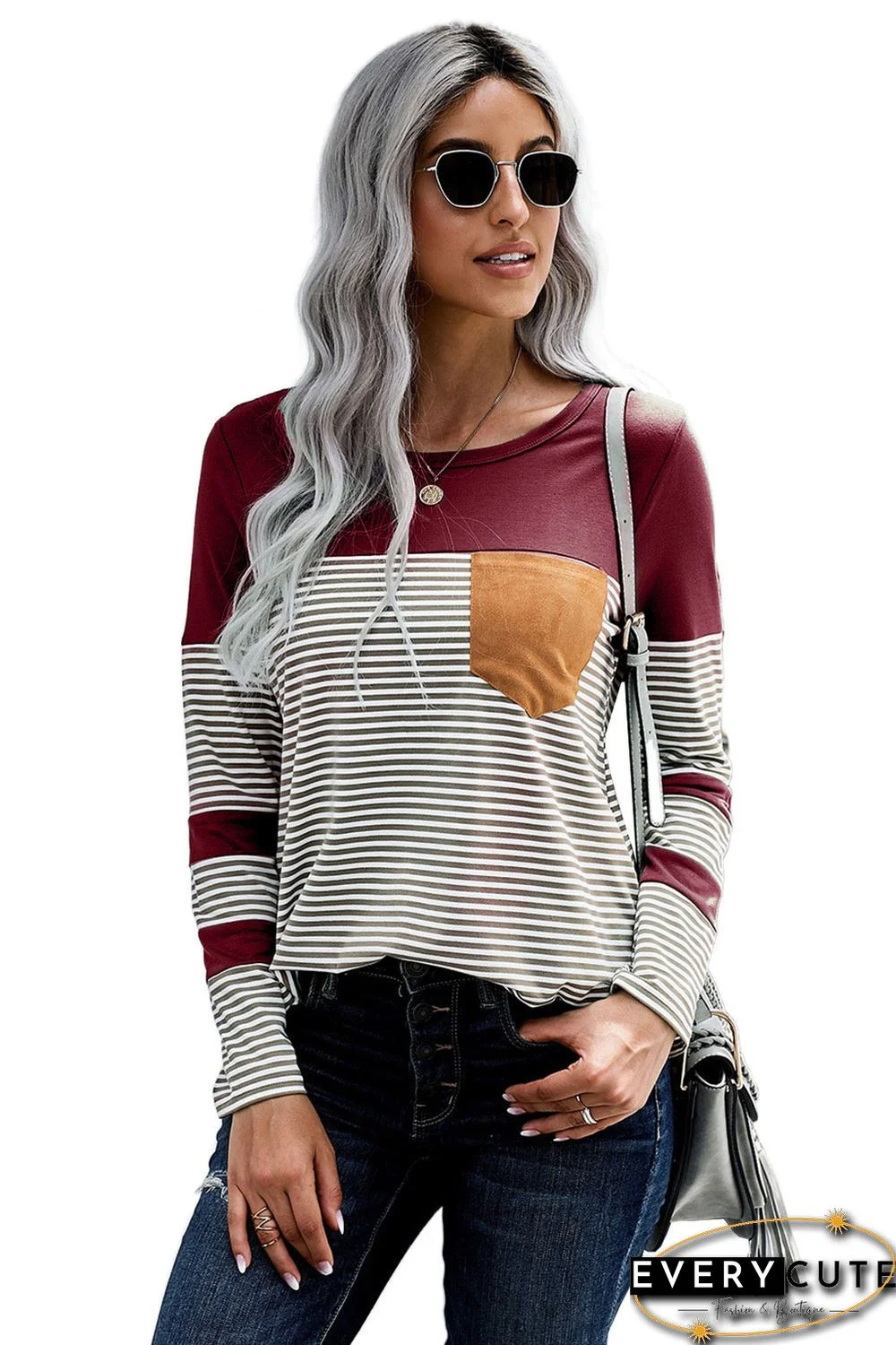 Wine Pinstripe Patch Pocket Top