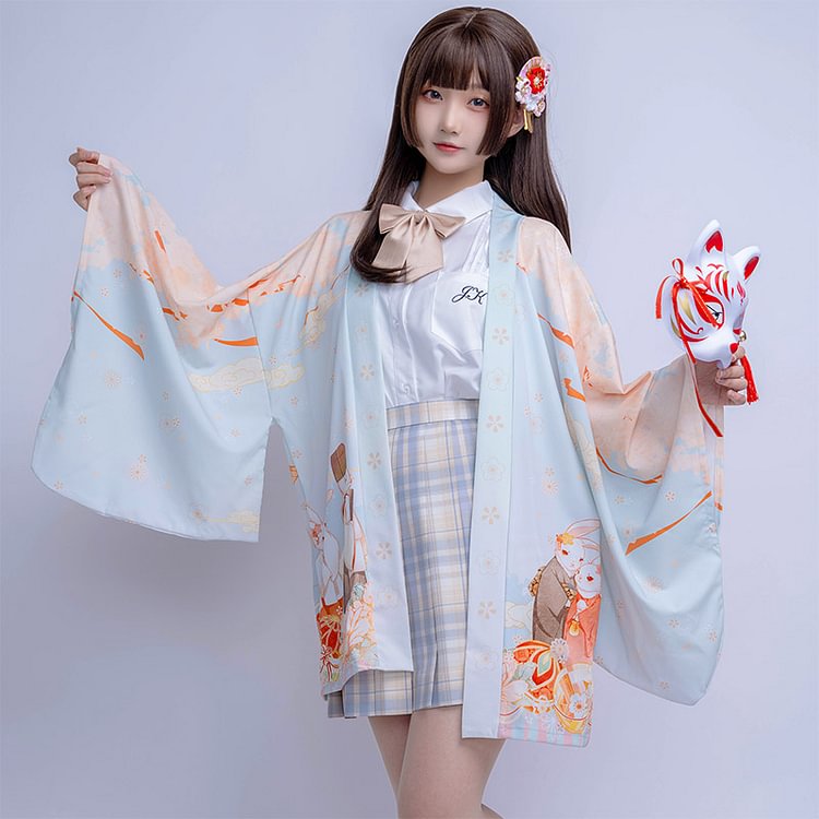 Cartoon Rabbit Print Loose Cardigan Kimono Outerwear - Modakawa modakawa