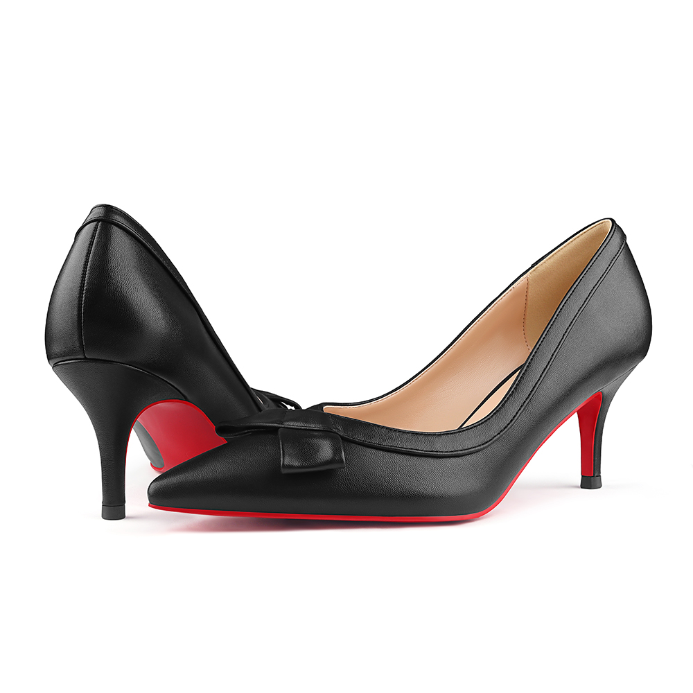 60mm Pointed Toe Bowknot Red Bottom Kitten Heels Daily Matte Pumps for Women-MERUMOTE