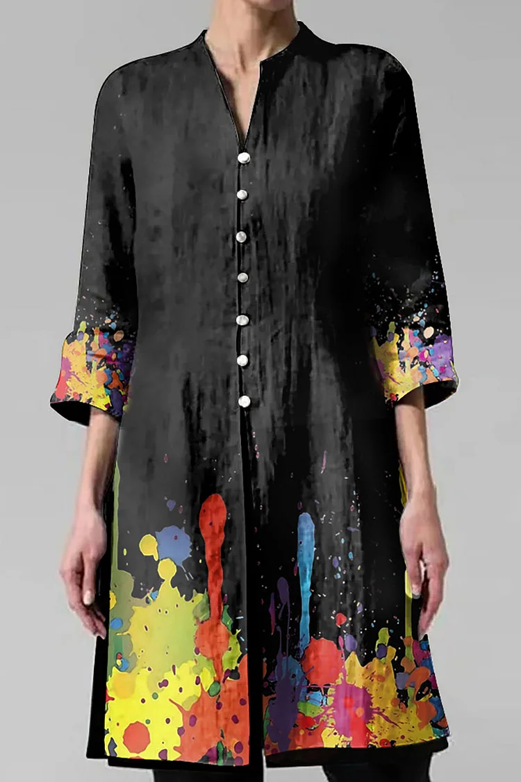 Black Paint Pattern Print Irregular Cotton And Linen Shirt Cardigan [Pre Order]