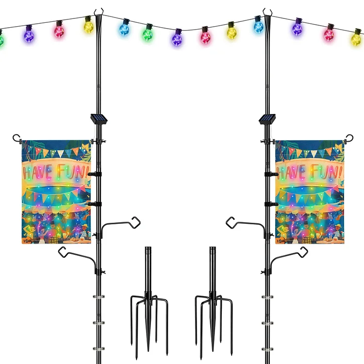LUJOIN 3-in-1 String Light Pole for Outside (2 Pack), Each Pack Includes 2 Hooks, 1 Solar LED Light Board & 1 Party Flag, Heavy Duty Stand for Deck, Patio, Backyard, Wedding