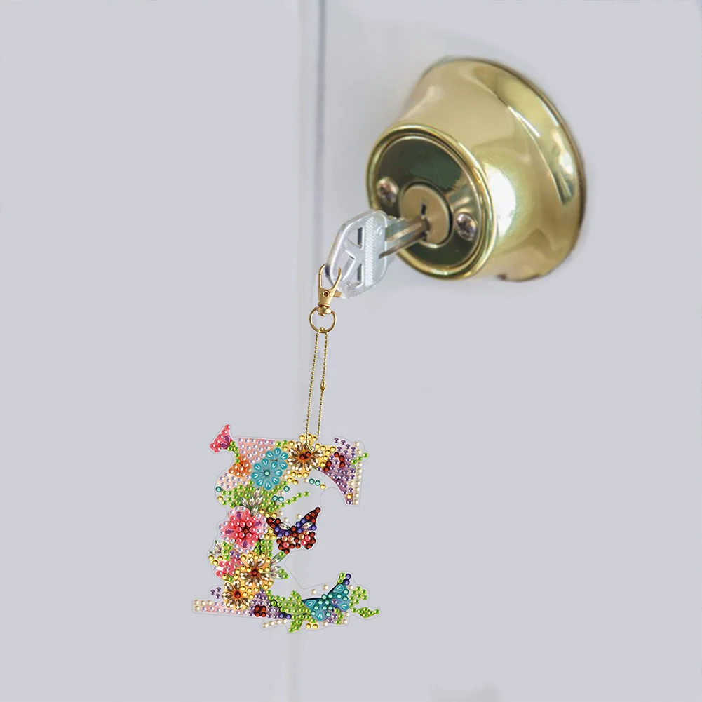 DIY E Diamond Art Key Rings Lettter Keychain Supplies Gift for Kids(Double Sided)