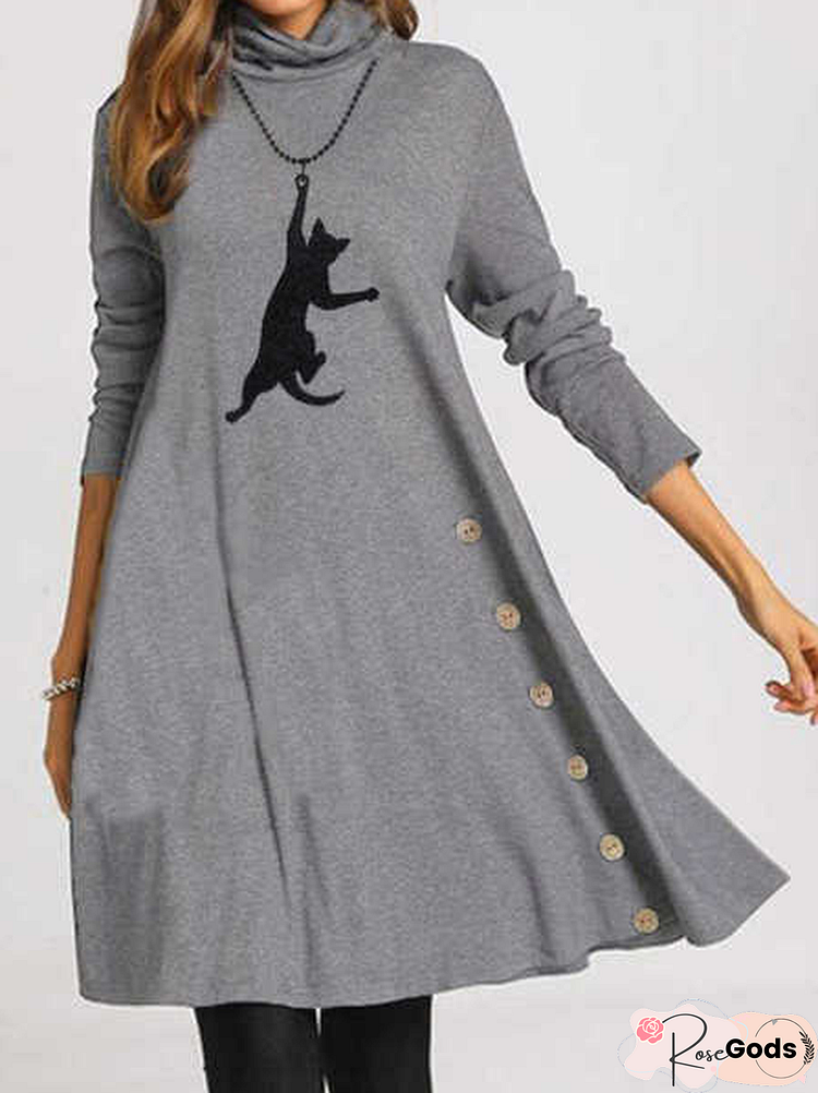 Cute Cat Shift Long Sleeve Cotton-Blend Casual Knitting Dress