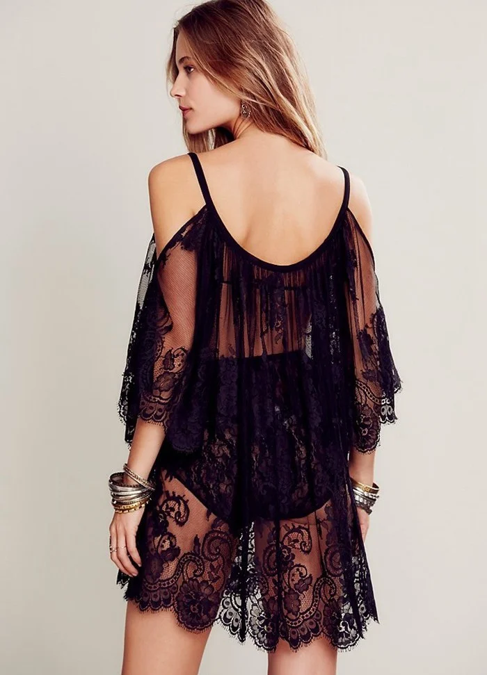 Brownm Brownm Women's Solid Color Lace Hook Sunscreen Off Shoulder Sexy Beach Dress Bikini Smock