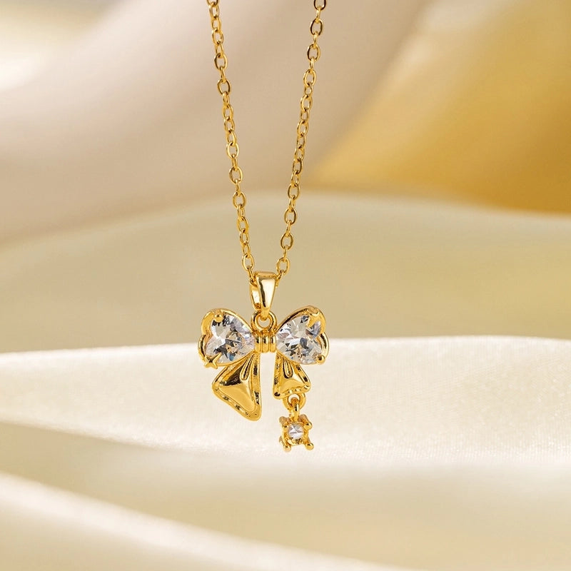 Sweet Minimalist Star Heart Shape Bow Knot Titanium Steel Zircon Plating Inlay Pendant Necklace