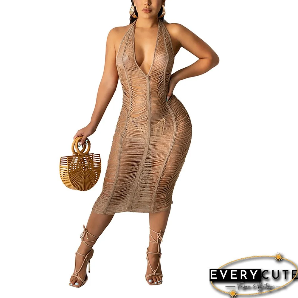 Khaki Polyester Hollow Out Halter Beach Cover Dress