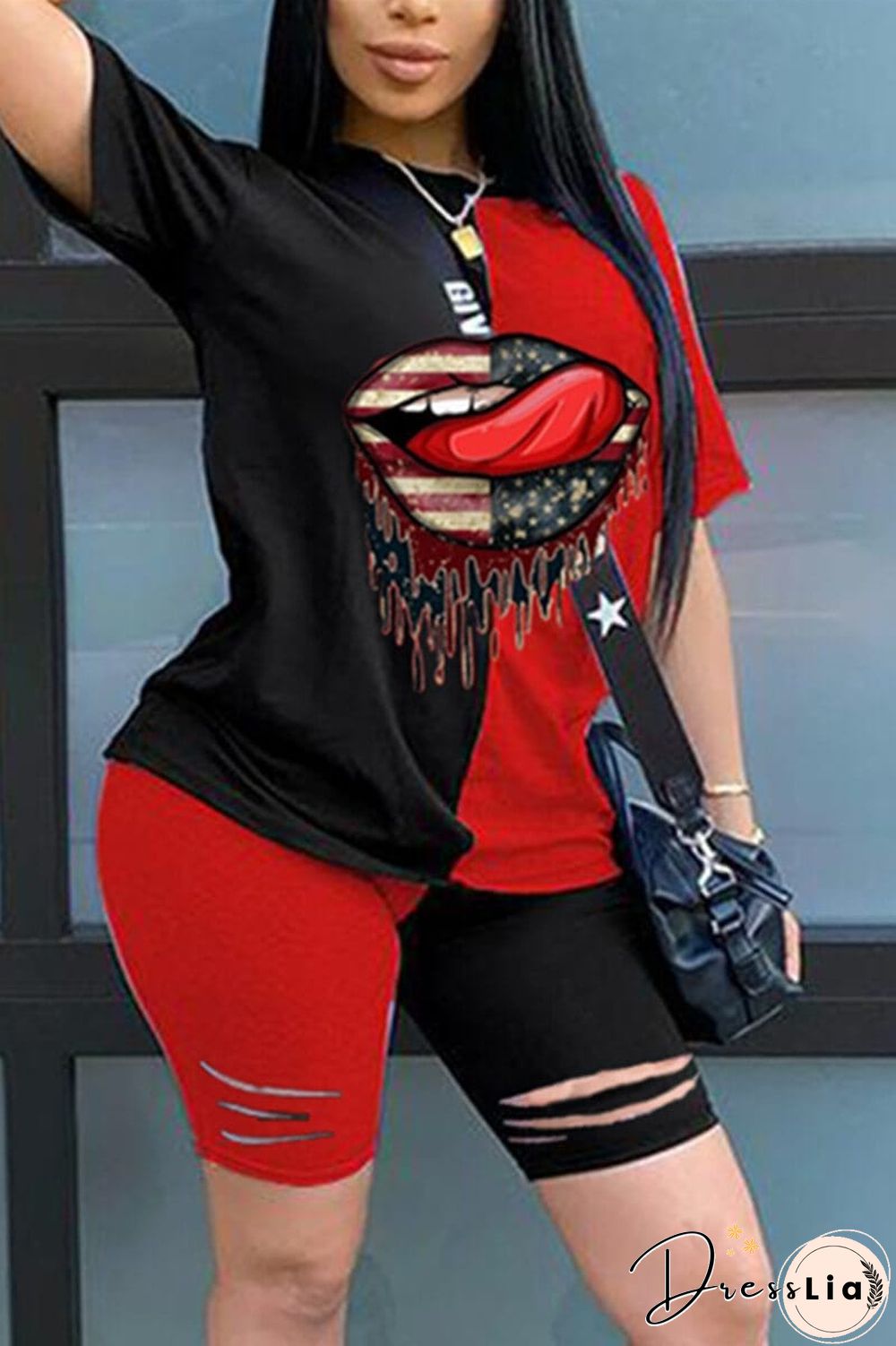 Casual Printed T-Shirt  Patchwork Set