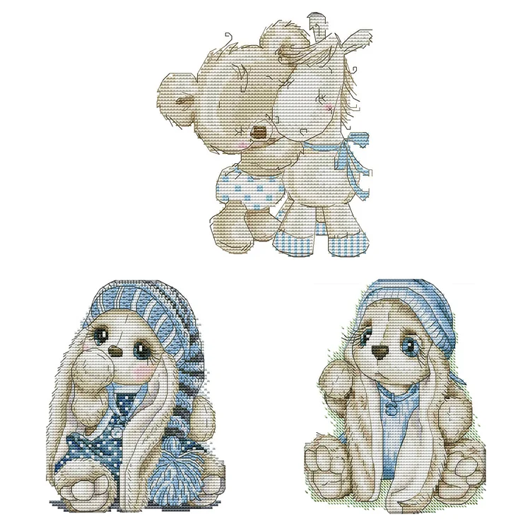 3pcs/Set Blue Hat Rabbit - 14CT Joy Sunday Stamped Cross Stitch (20*17cm)