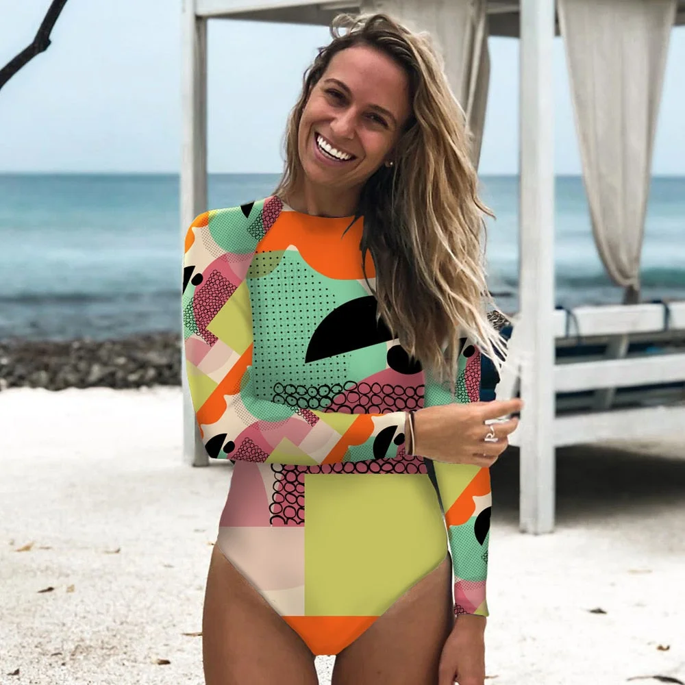 2021 Swimwear Women Print Floral One Piece Swimsuit Long Sleeve Bathing Suit Retro Swimsuit Vintage Beach wear Surfing Swim Suit