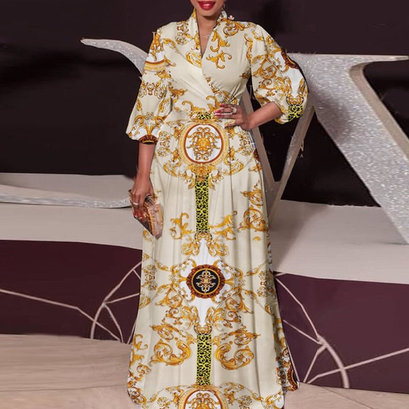 VONDA 2022 Summer Women Long Dress Sexy 3/4 Sleeve Vintage Print Pleated Maxi Sundress Bohemian Vestido Casual V Neck Party Robe