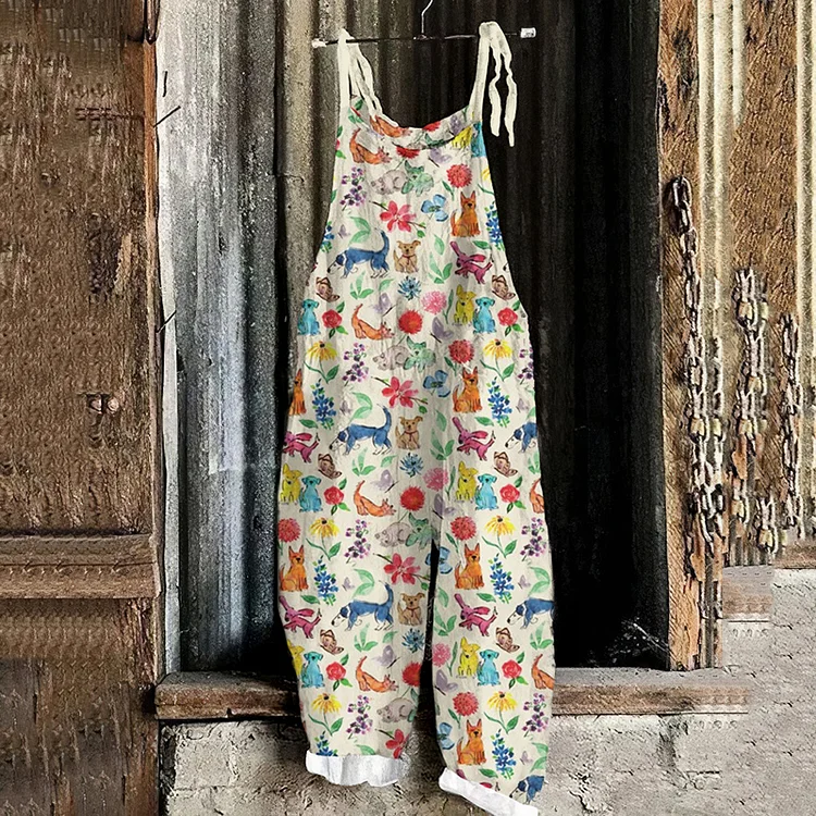 Colorful Dog And Floral Graphic Print Loose Jumpsuit