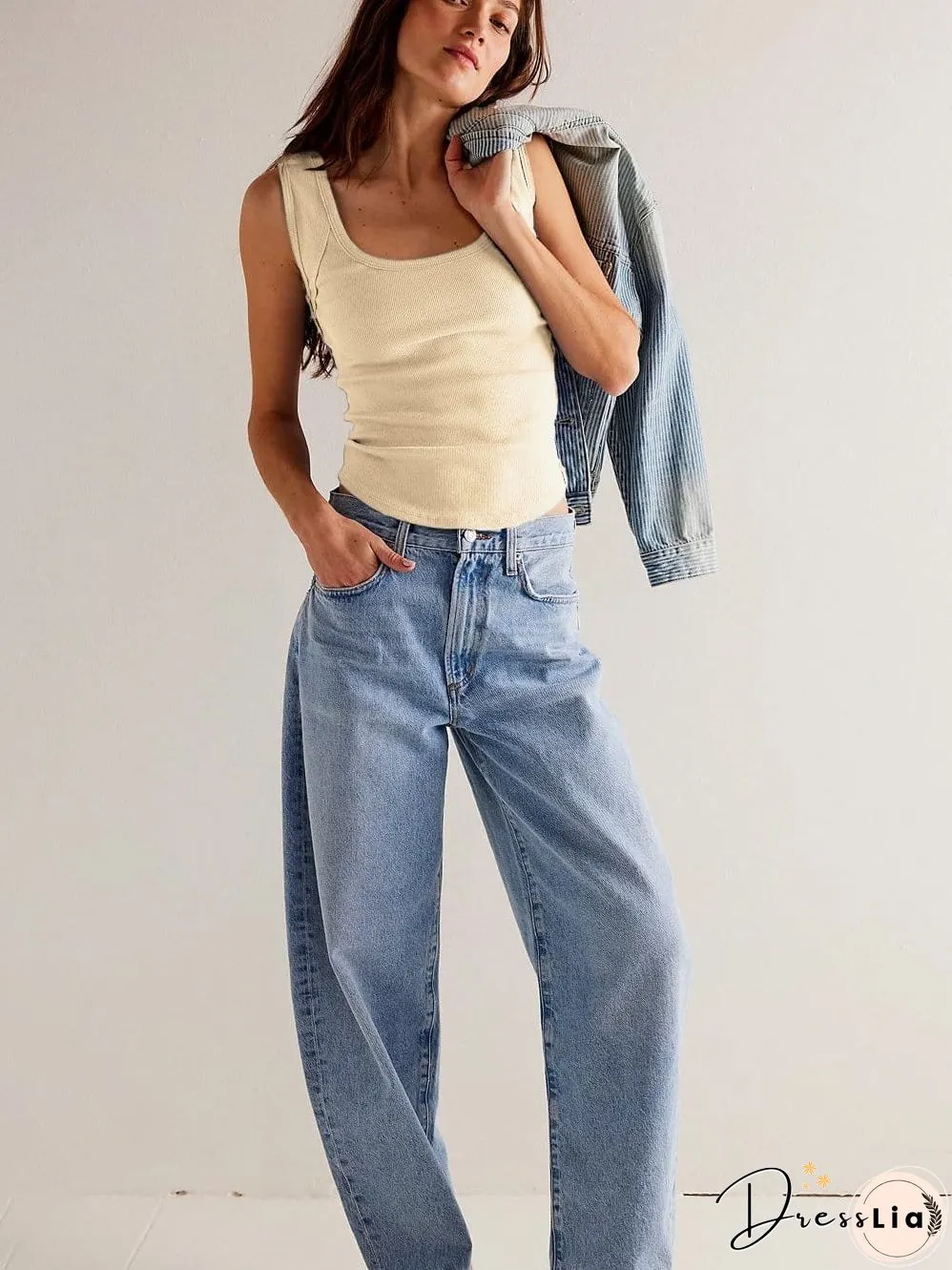 Beige Ribbed Scoop Neck Fitted Tank Top