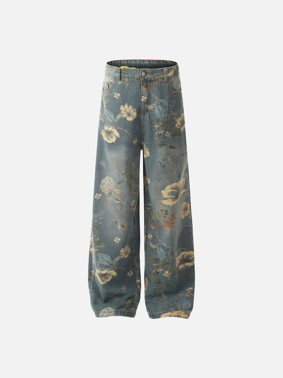 Blue Act Chic Plant Flower Full-Print Washed Jeans Front