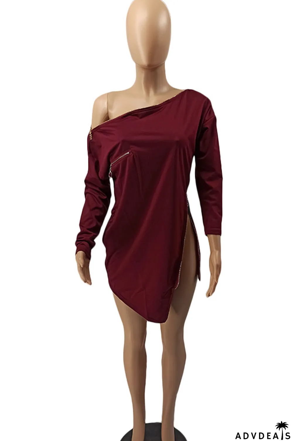 Burgundy Casual Solid Split Joint Asymmetrical Zipper Zipper Collar Tops