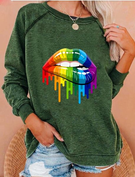 Fashion Autumn Multicolor Lip Print T-shirt Women's Top Plus Size Round Neck Casual Long-sleeved Loose Pullover Sweater XS-5XL - Shop Trendy Women's Fashion | TeeYours