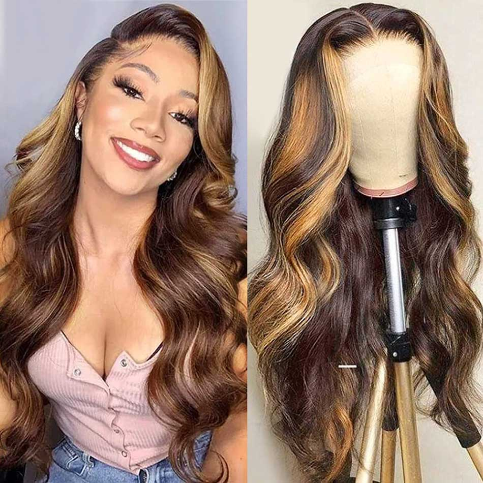 Brown Hair with Blonde Highlights Transparent Lace Body Wave Lace Front Wigs US Mall Lifes