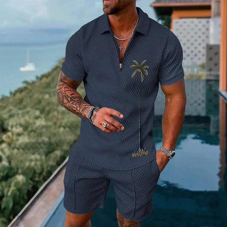 Men's Resort Coconut Print Navy Blue Polo Suit